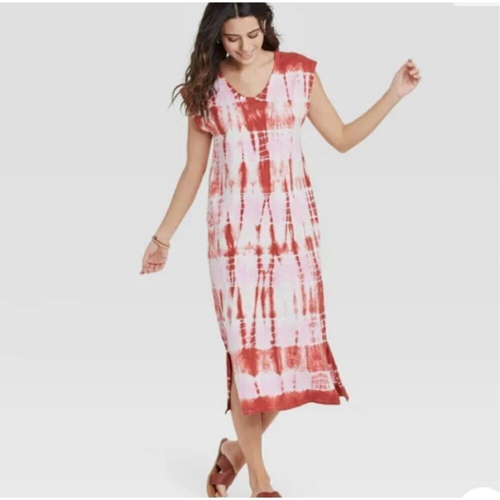 Womens Universal Thread Pink Dye Dipped V Neck Jersey Knit Midi Dress - Sz S